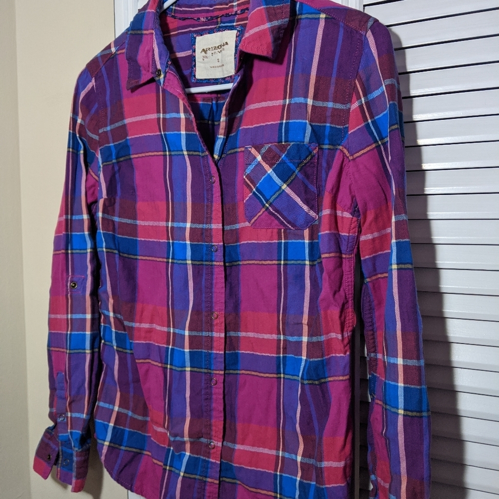 Pink Red Blue Plaid Long Sleeve Flannel Shirt